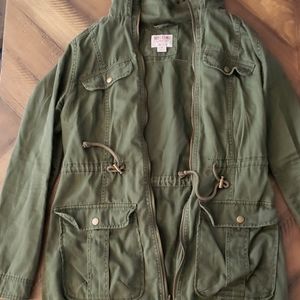 Olive green utility jacket with hood